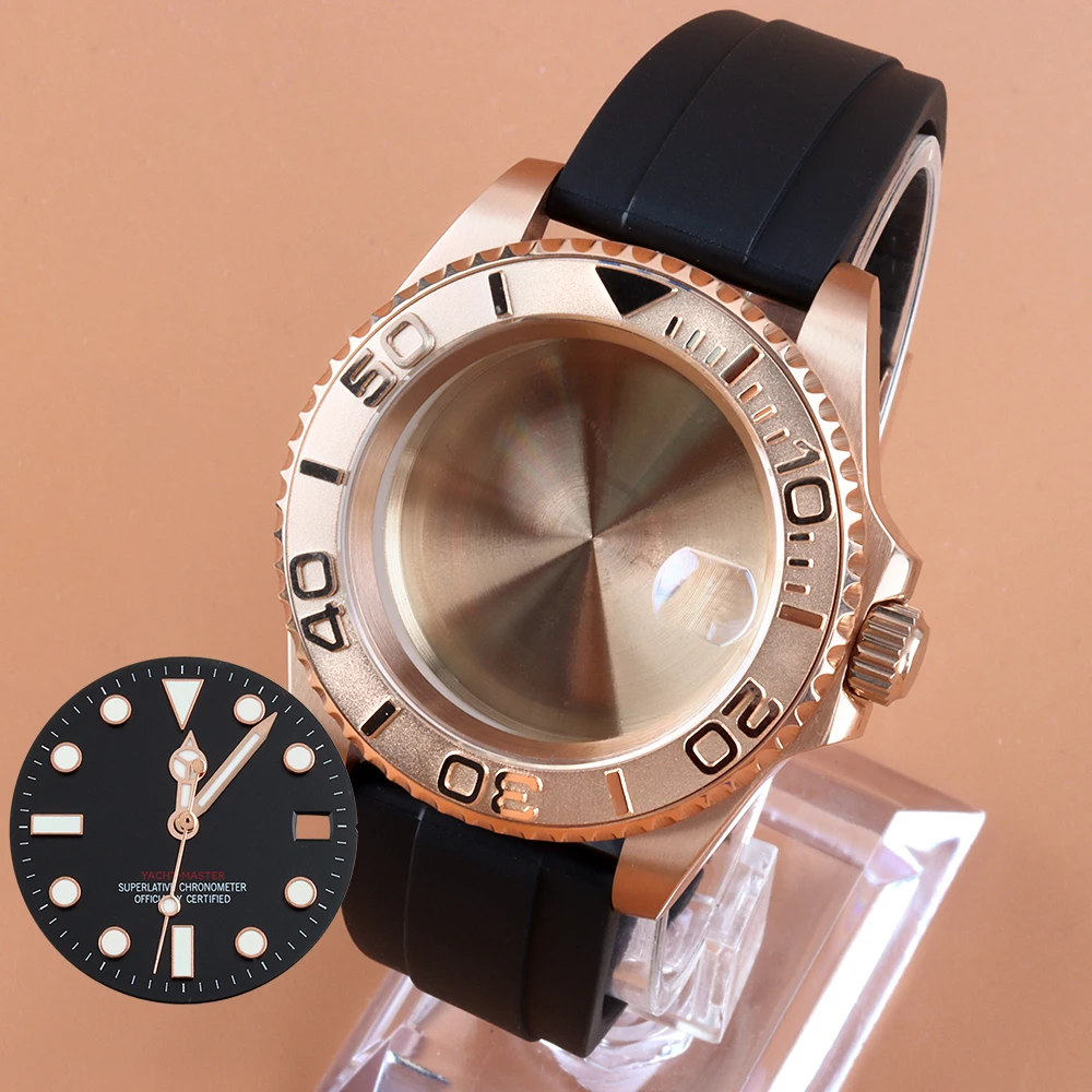 

40mm Rose gold/Silver Watch Case Rubber Bracelet For YACHT-MASTER NH34 NH35 NH36 NH38 Movement 28.5mm Dial Hands Blue Luminous