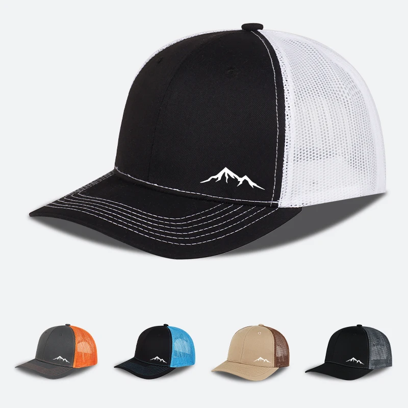Minimalist Mountain Print Trucker Cap – Adjustable Unisex Camping and Travel Mesh Sun Hat for Hiking and Trekking