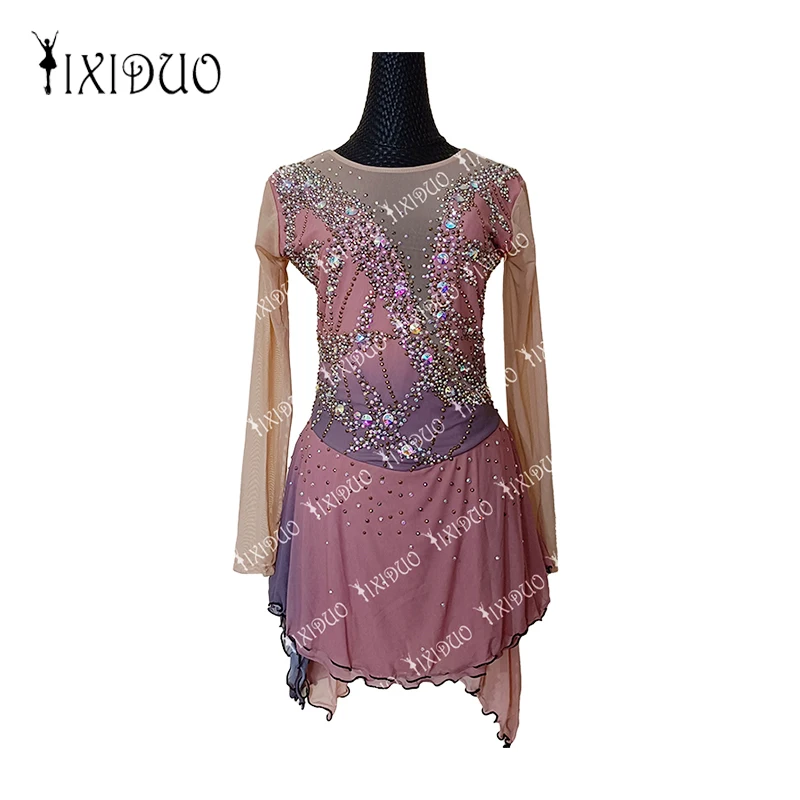 Sparkly Figure Skating Dress for Women Girls Training High Elasticity Long Sleeve Ice Skating Wear Handmade Jeweled Rhinestones