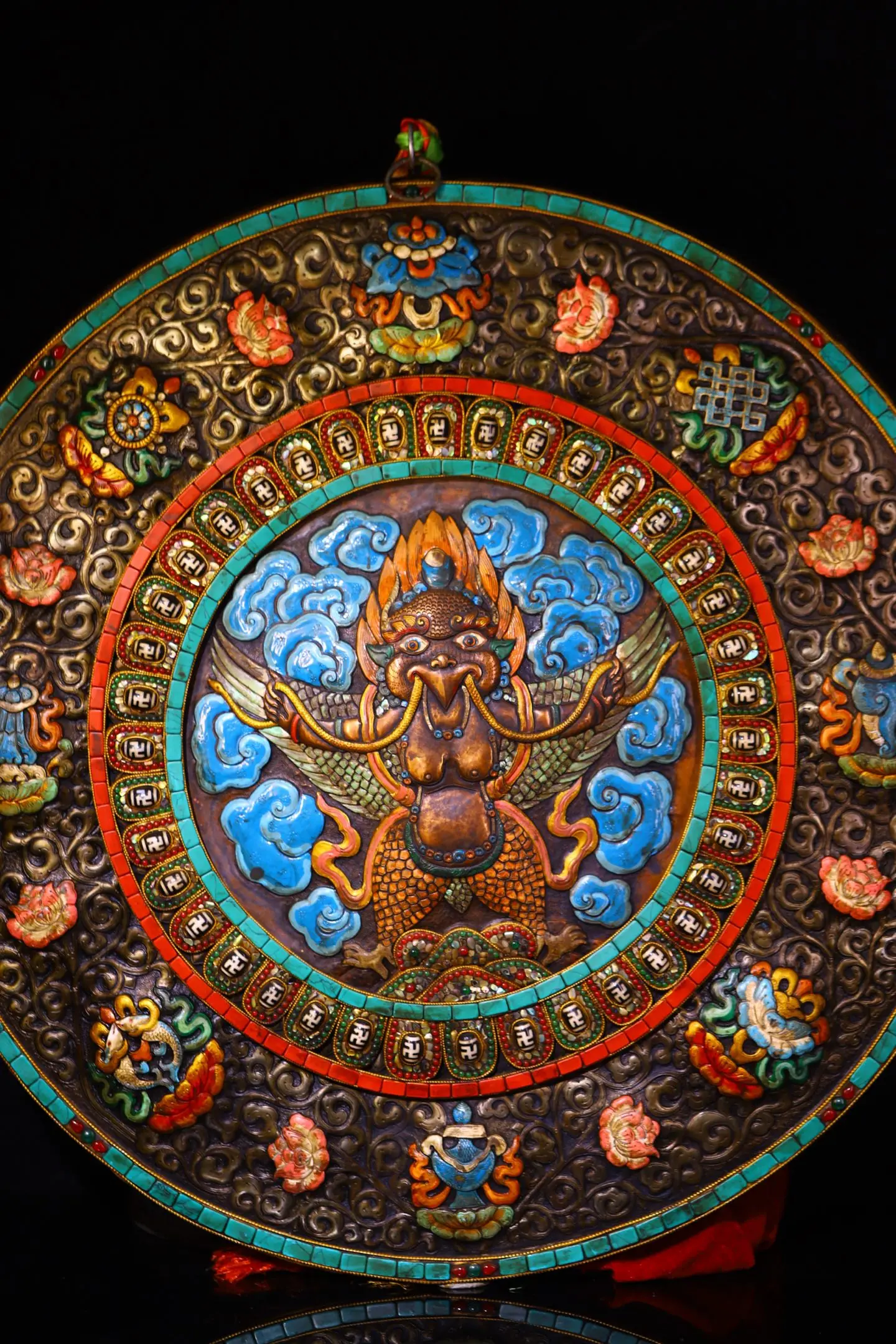 

20"Xizang Folk Collection Old Tiantie Painted Mosaic Gem gZi Beads Turquoise Garuda Dhwaja Buddha Tangka hanging panel