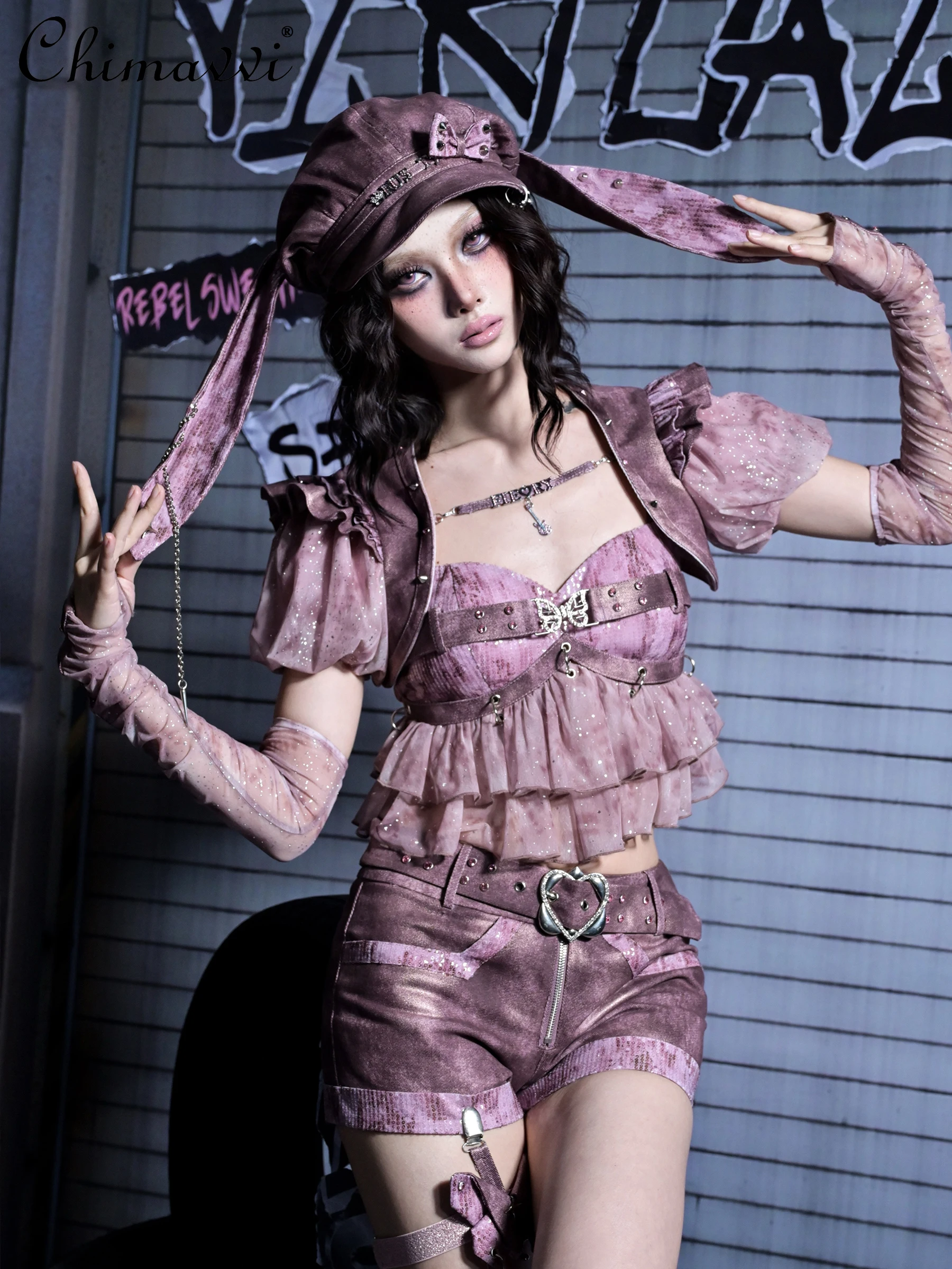 

Original Design Sweet Cool Hot Girl Sexy Two-Way Camisole Vest Punk Sexy Denim Ultra Short Pants Set Gothic Style Women's Set