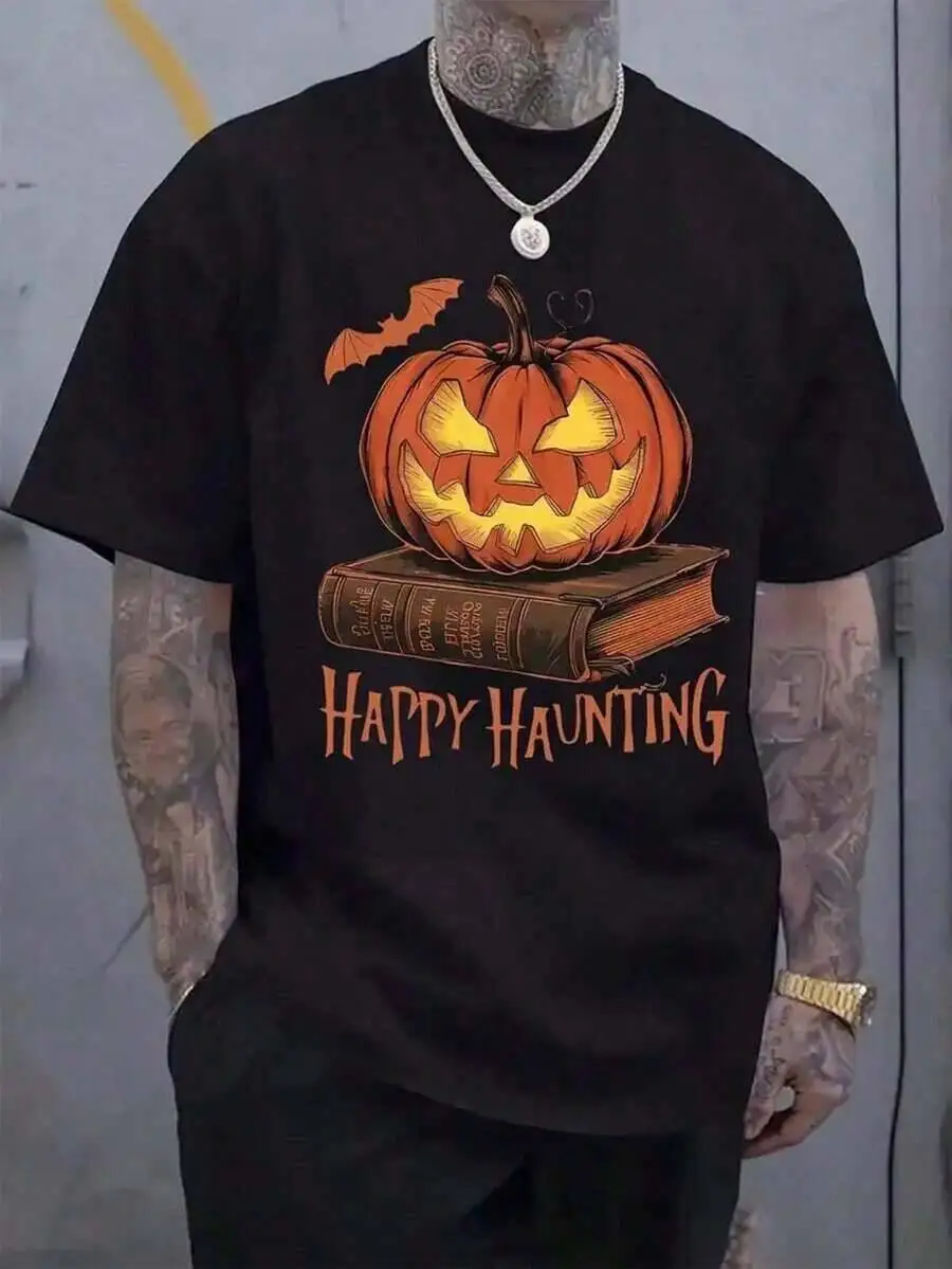 Men's Graphic-Shirt - Spooky Happy Haunting Book Print Bats Ghosts Design, Crew Neck Short Sleeve Tee, Black Orange Lettering,