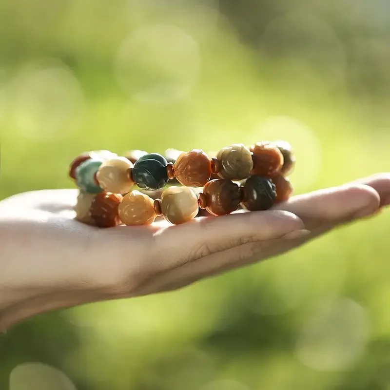 Weathered Bodhi Gradient Color-changing Multi-treasure Carved Bergamot Single Circle Bracelet Ancient Style Zen Lucky HandString