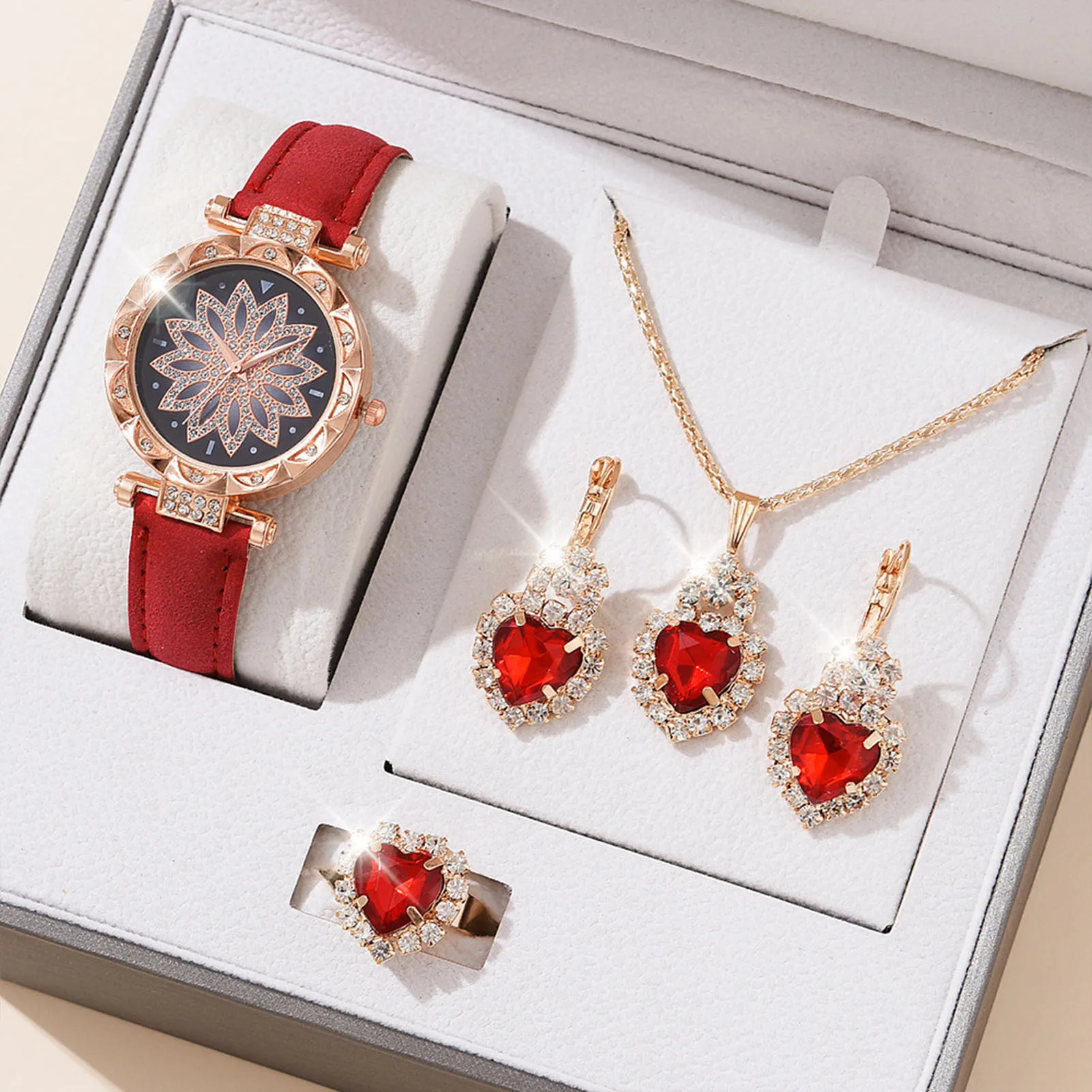 Women Shiny Rhinestone Jewelry Set Quartz Movement Rhinestone Watch for Women\'s Day  Day Gift