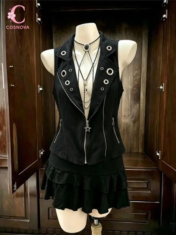 Gothic Punk Sweet Y2K Harajuku 2 Piece Set Women Grommet Eyelet Zip Up Vest Ruffle Hem Mini Skirt Slim Fit Casual Party Outfit