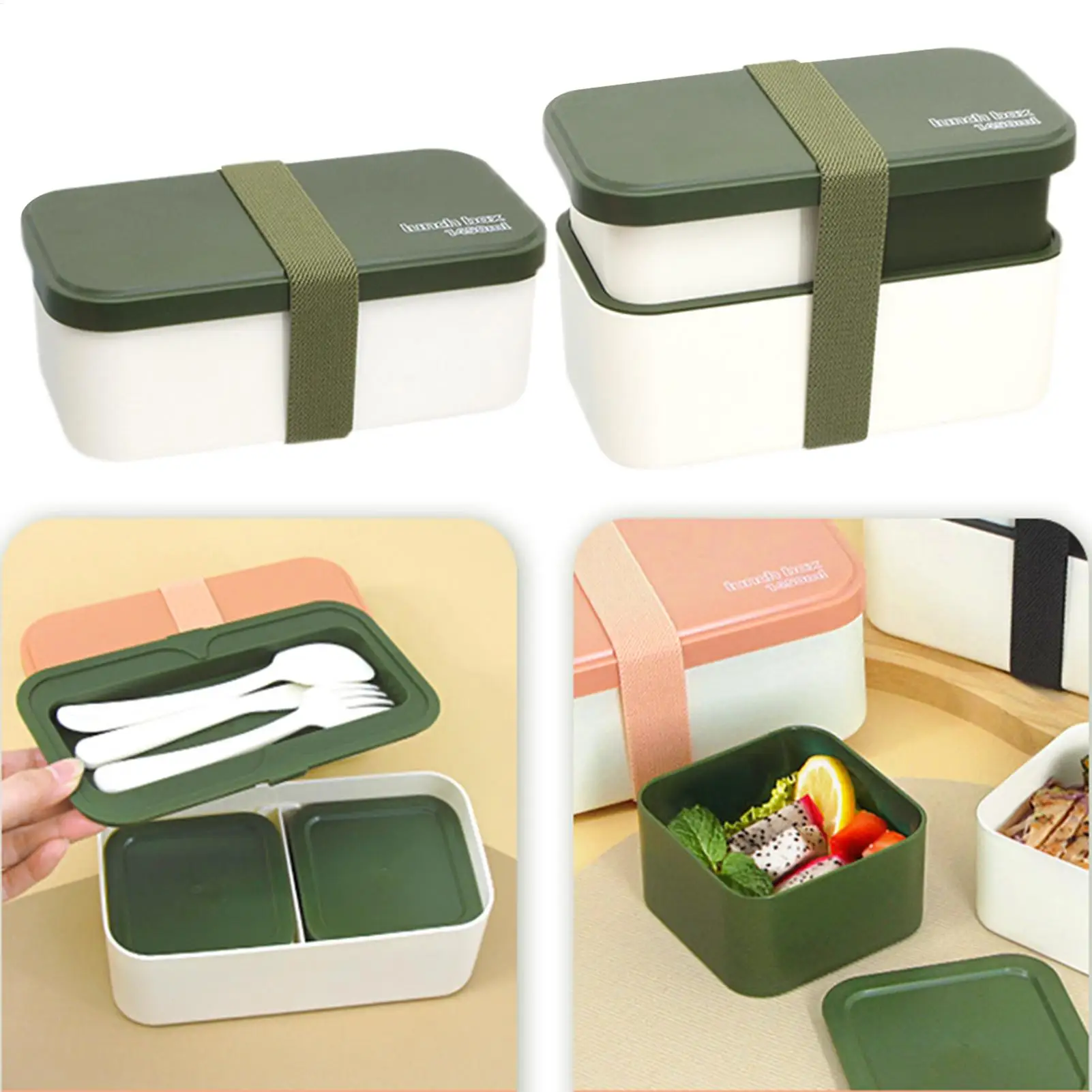 

Lunch Containers 1450ml Microwave Safe Bowl 2-TierFood Container With Removable Utensil Set And Sealing Strap For Work College