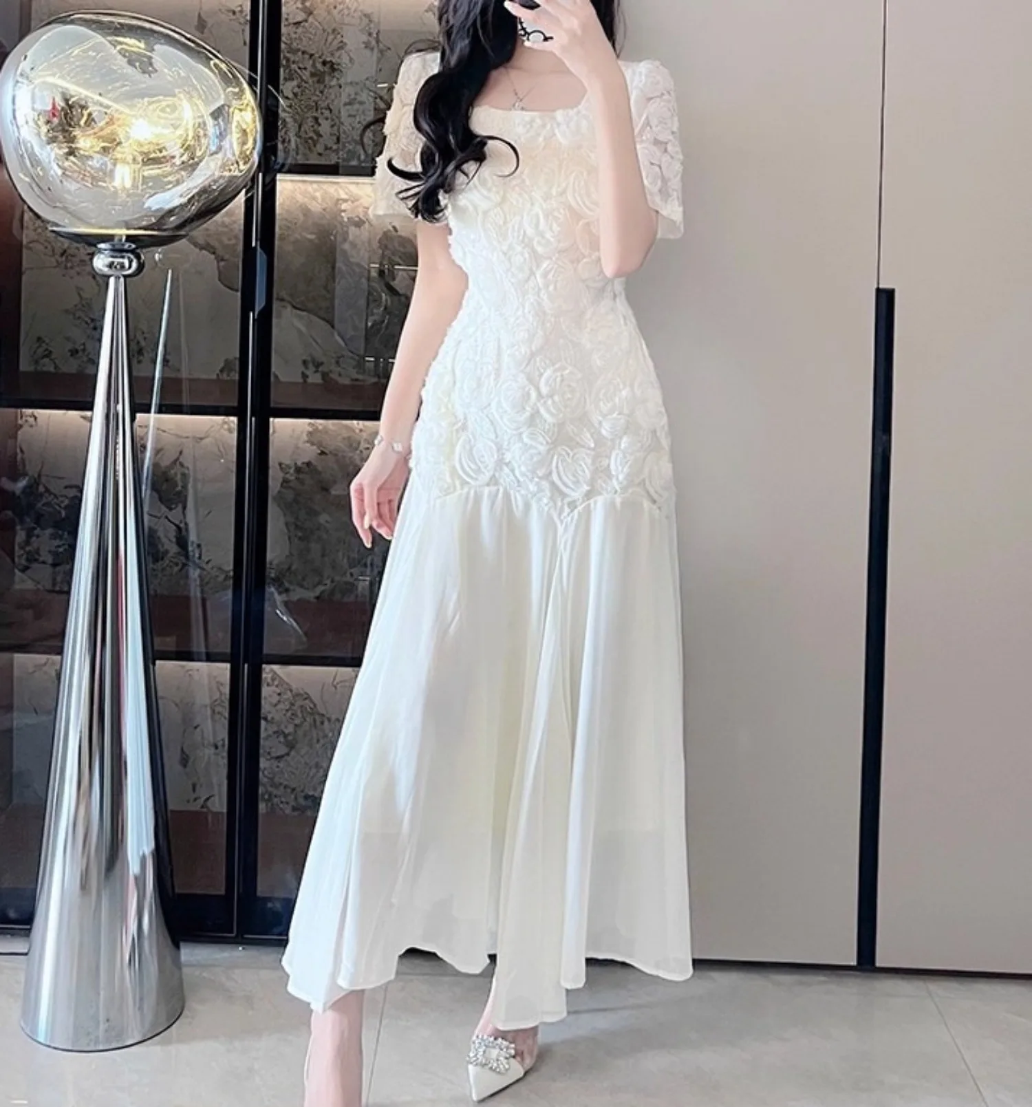 Beige Patch Dress Women Square Collar Short Sleeve Vestidos Bodycon High Waisted Streetwear Chic Long Cloth Lady