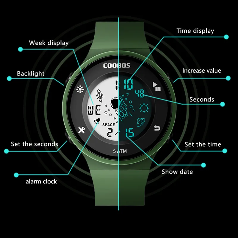 COOBOS-أطفال ساعات رقمية ، الأطفال مقاوم للماء الرياضة الإلكترونية LED ساعة ، المنبه ، عرض الأسبوع ، عادية ، أطفال