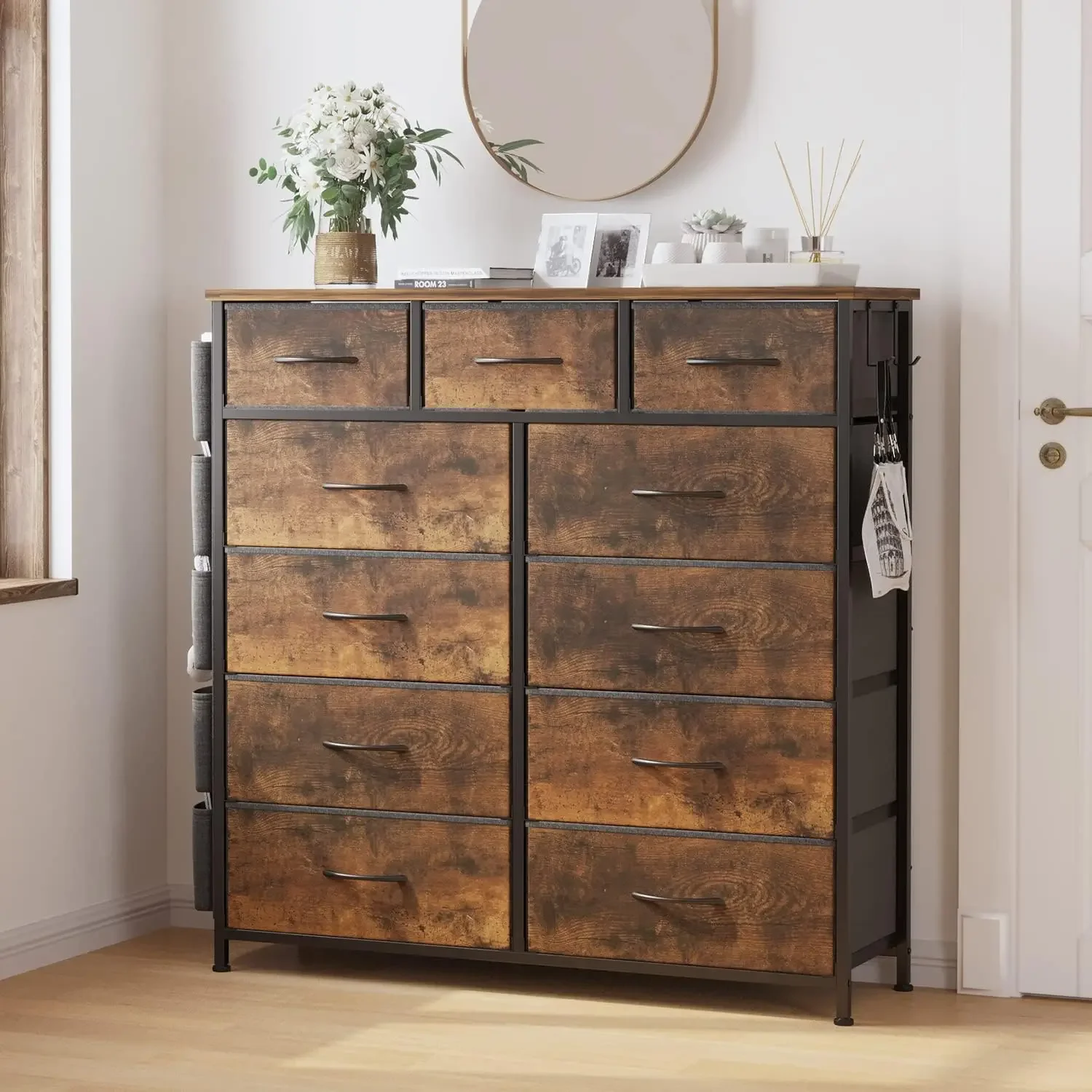 Dresser for Bedroom with 11 Drawer, Dressers & Chests of Drawers with Side Pockets, Hooks, Fabric Storage Drawer, Steel Frame