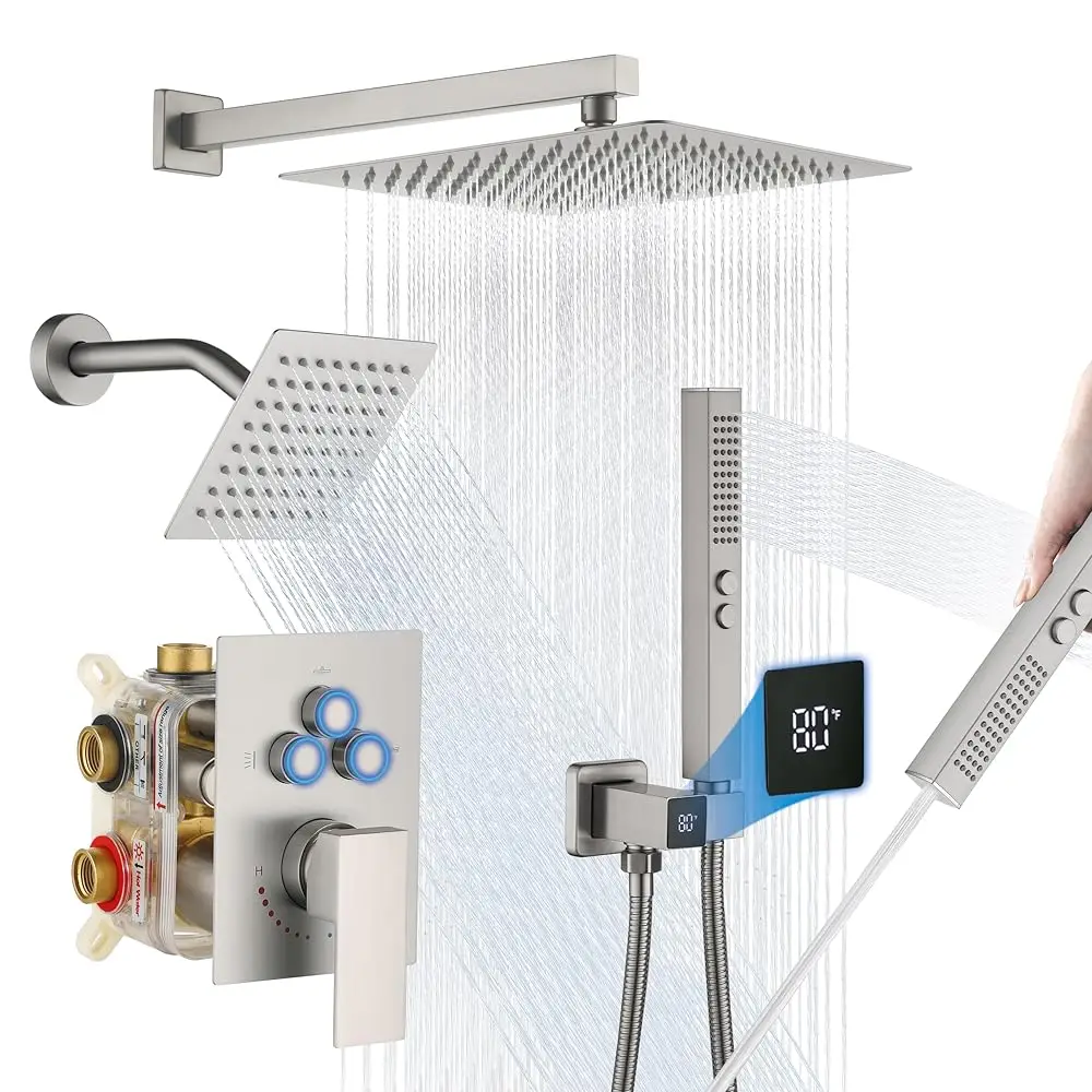 

AllexpreskDigital Temperature Display Ceiling Shower System, Push Button Diverter with Pressure Balance Valve, 12” & 6” Dual Rai