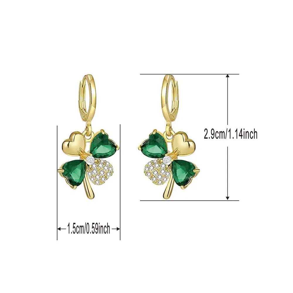 Lucky Chic 18K Gold Plated Four Leaf Clover Drop Earrings with Green Gems St. Patrick’s Day Must-Have