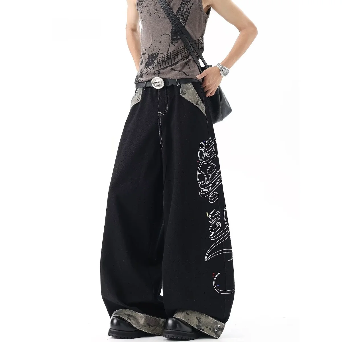 High Waist Loose Fit Black Denim Jeans Women's Spring New Style Side Rhinestone Design Slimming Straight Leg Casual Trousers