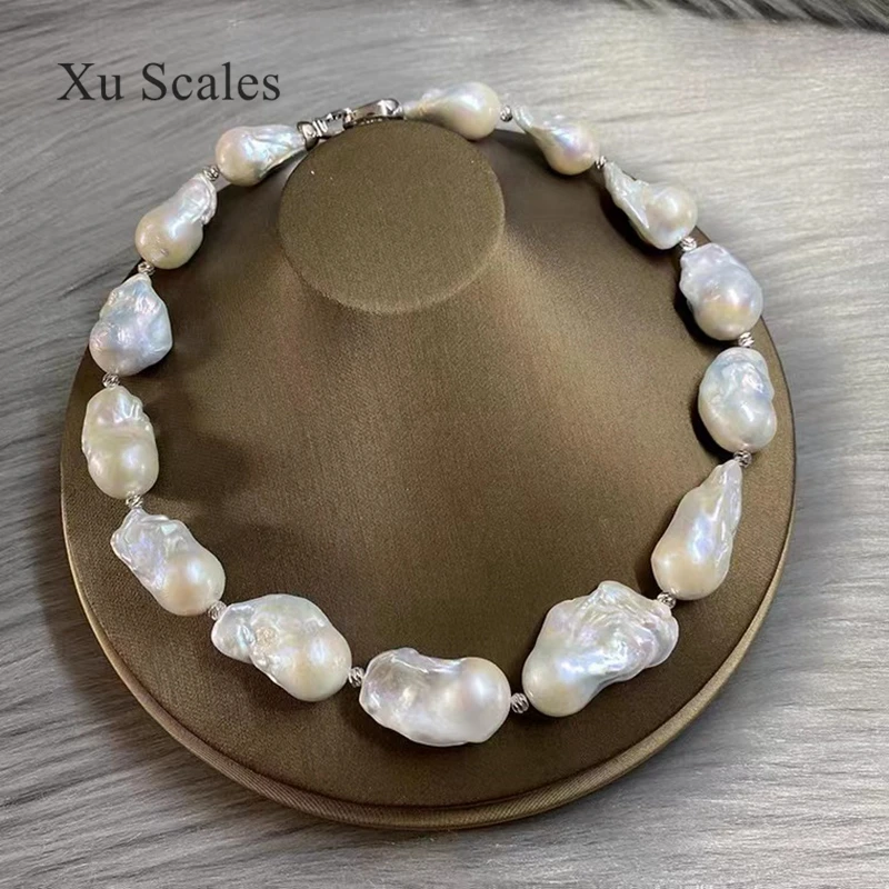 Natural fresh water 15-25mm white baroque pearl boutique necklace s925 sterling silver palace vintage style jewelry Women gift