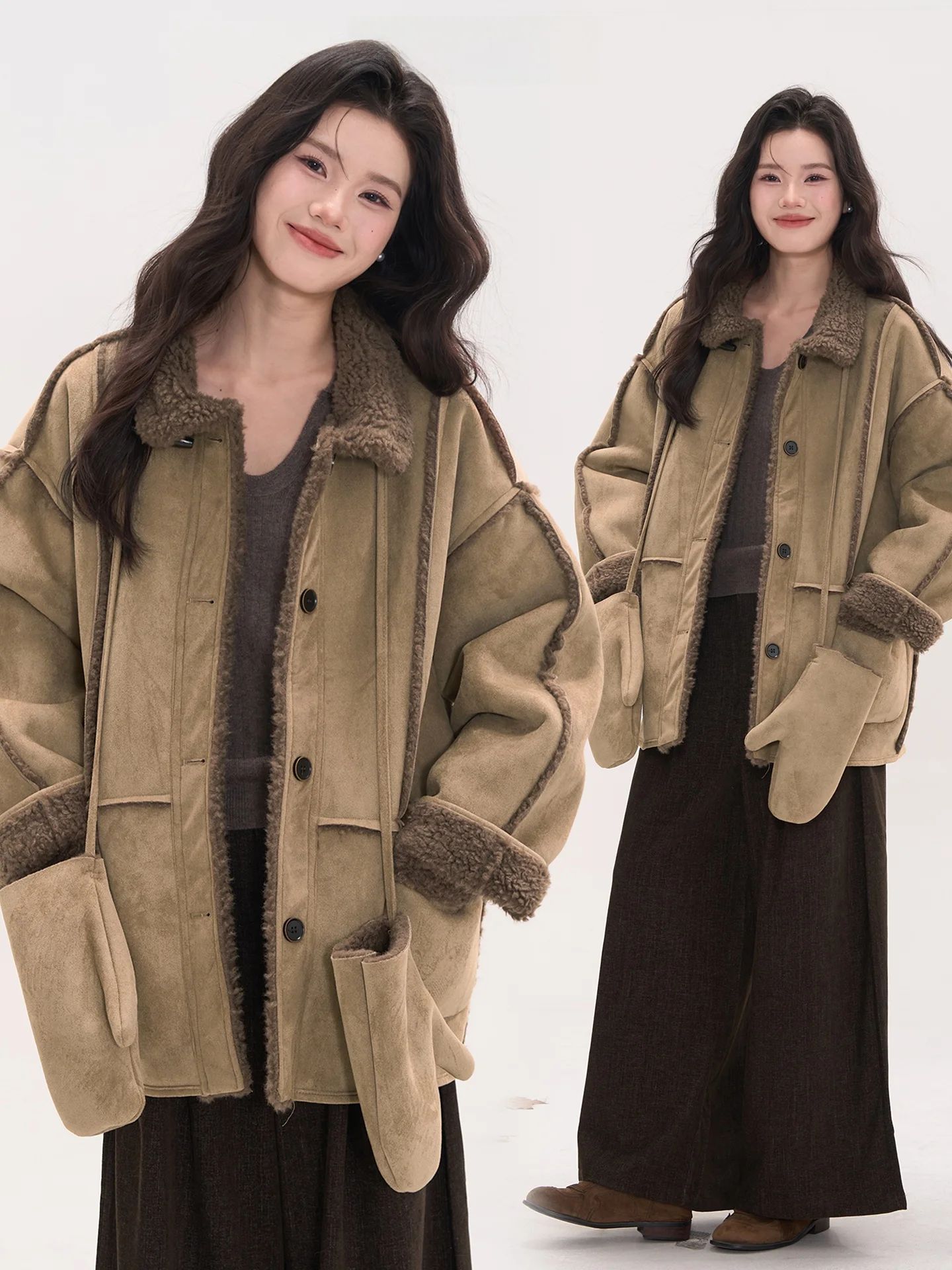 

Cloud Toast Splicing Fur Outerwear Women's Loose Warm Single Buttoned Top Heme by Flower Field Window Polyester Fiber 93%