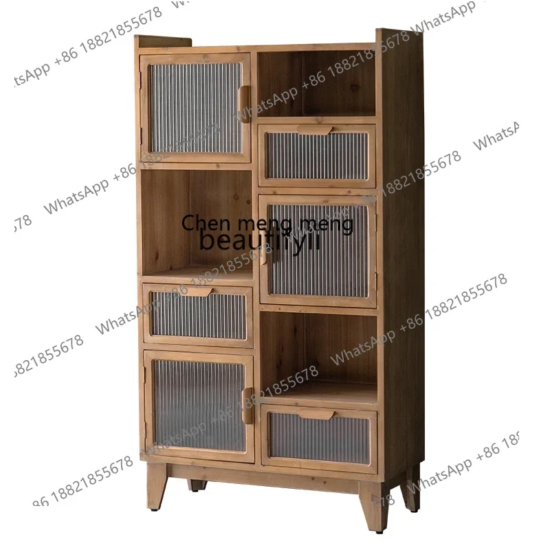 cn8350 LHY zq American Country Style Log Furniture Vintage Glass Surface Drawer Chest of Drawers B & B Sideboard Cabinet