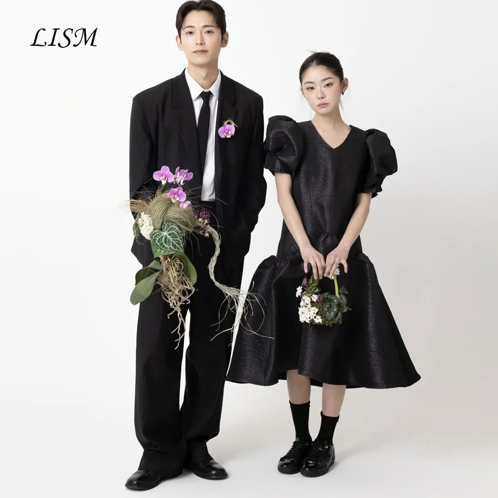 LISM Black A-Line V-Neck Korea Wedding Dresses Short Sleeves Satin Silk Photo Shoot Customized Sweet Prom Gowns 저녁 드레스