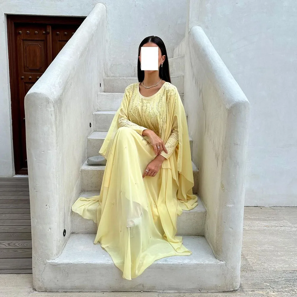 Msikoods Elegant Yellow Chiffon Prom Dress Embroidery Scoop Neck Special Occasion Dress Arabic Evening Dress robes de soirée