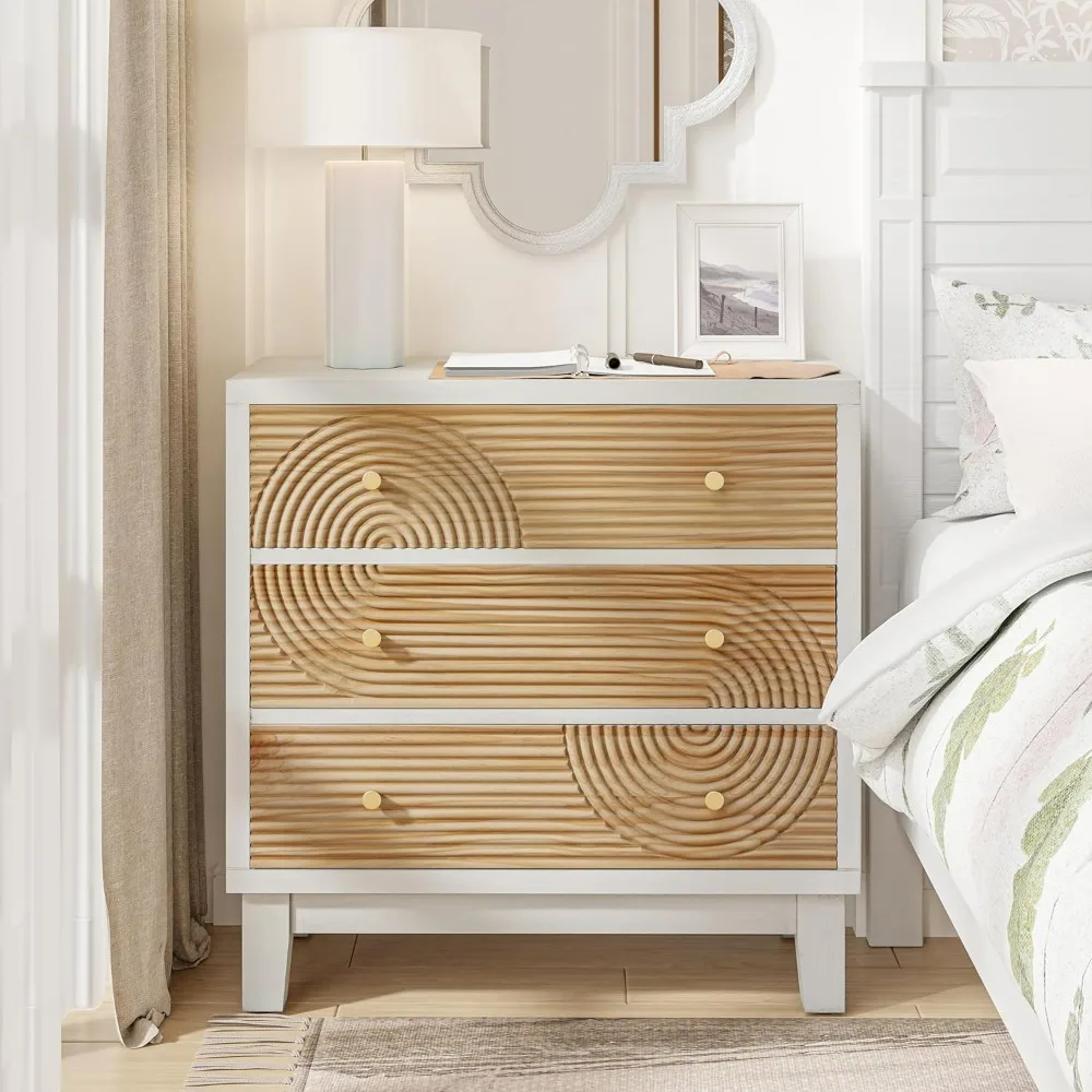 3-Drawer White Dresser X2 With Handicraft Wood Ring Motif Showcases Mid-Century Display Cabinet in the Living Room Rustic Style