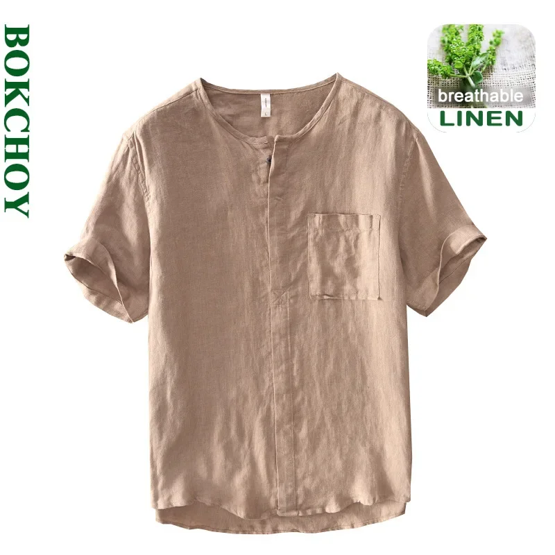 Letnie nowe 100% lniane koszule męskie cienkie Vintage codzienne na co dzień oddychające wygodne koszulki męskie topy AZ787