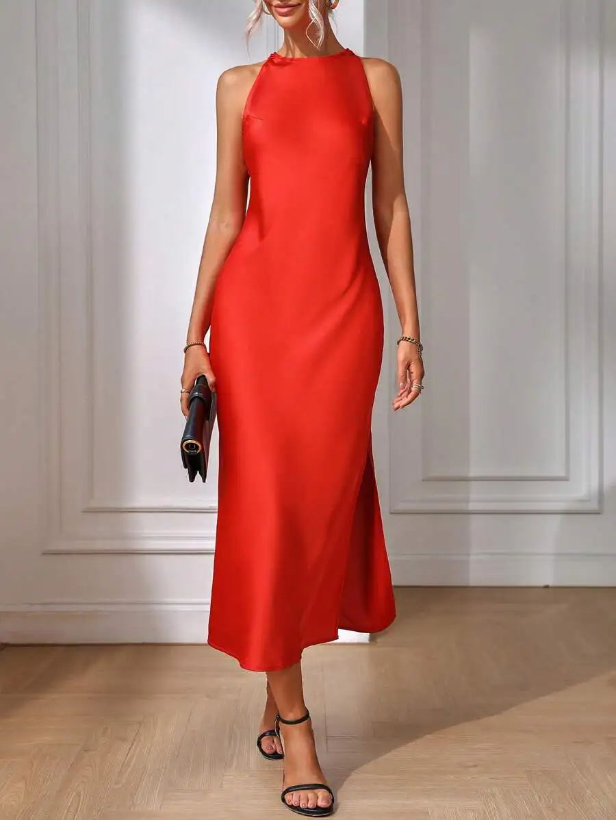 

Solid Red Halter Neck Maxi Dress with Side Slit for Evening Wear