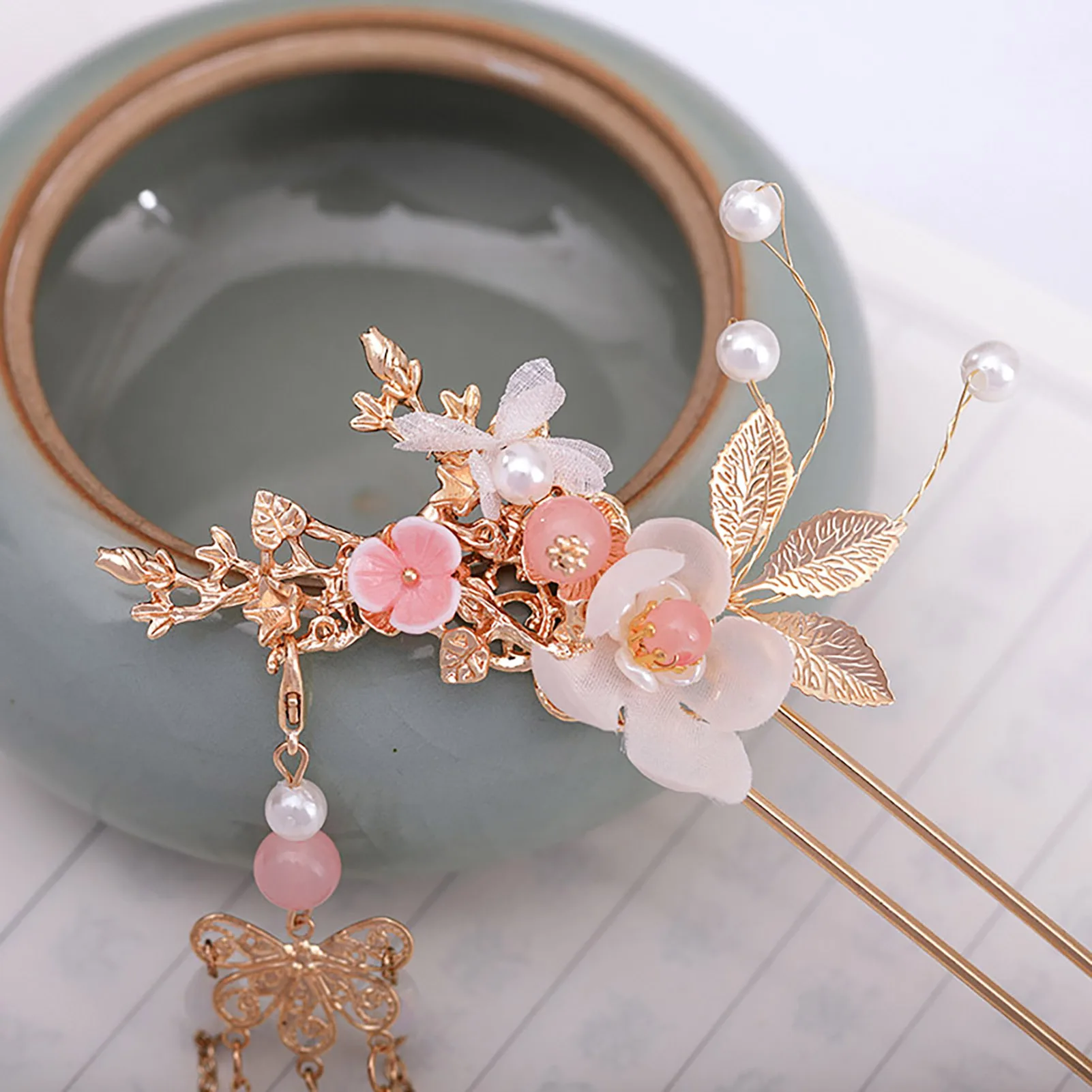 Tassel Vintage Flower Headdress Set Hair Stick Earrings Hairpin DIY Accessory for Friends Girlfriend Wife Novel Gift