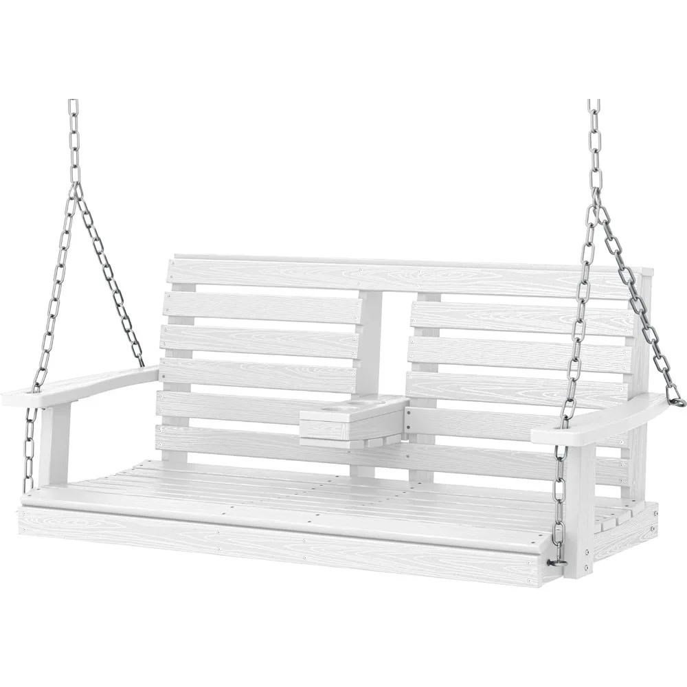 

Outdoor Hanging Porch Swing, Waterproof Swing with Cup Holders for Courtyard & Garden, 660LBS Weight Capacity, White