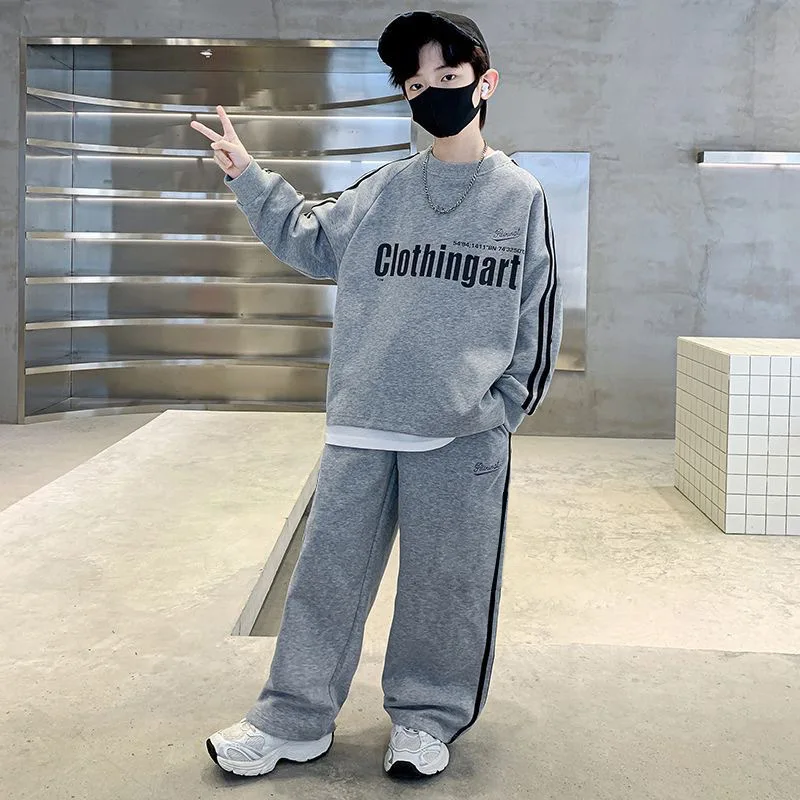

2025 teenager boys Suit autumn winter Cloth letter striped sweatshirt hooded + wide leg Pants tracksuit 5 8 10 12 Year Child set