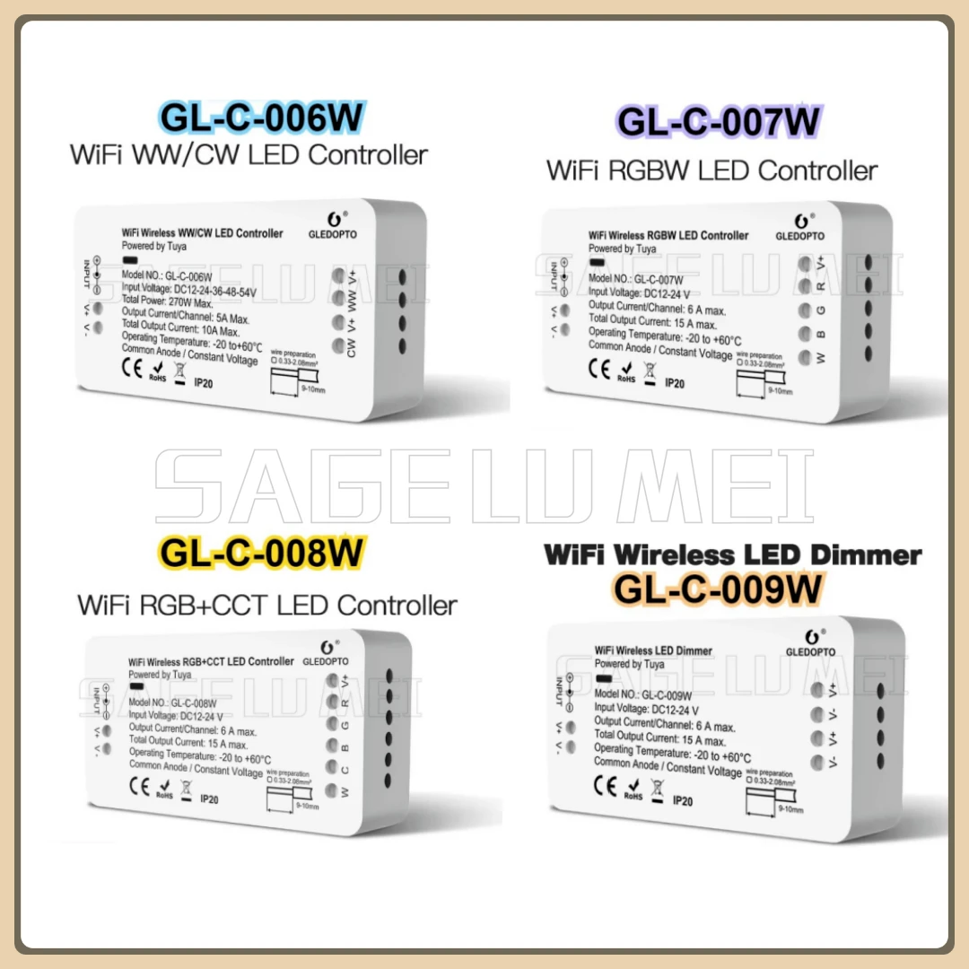 

Gledopto DC12-24V GL-C-006/007/008/009W WiFi LED Controller RGBCCT TuyaSmart Life App Voice Warm Cold White Dimmable Strip Light