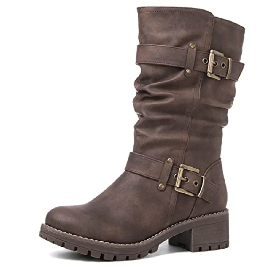GLOBALWIN Women's Mid Calf Dress Boots Biker Motorcycle Riding Boots Women For Women