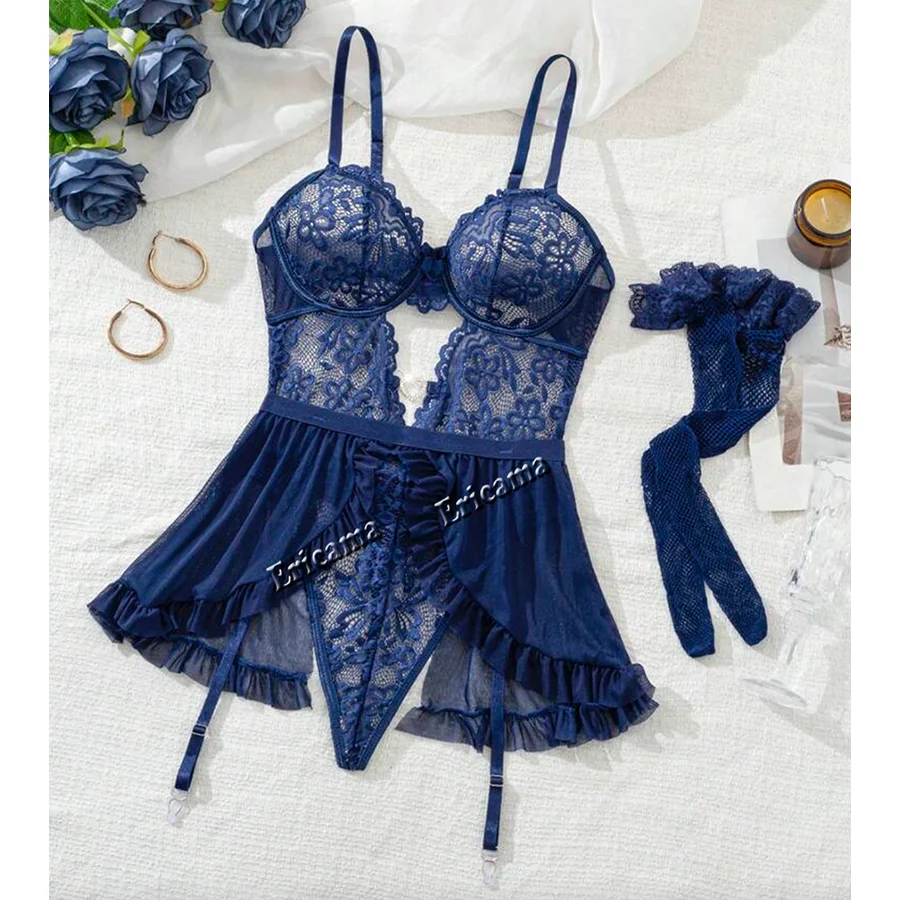 

Комплект Seduluxe из 2 предметов: кружевное боди из контрастной сетки + юбка с подвязками и чулками, комплект сексуального нижнего белья на выход