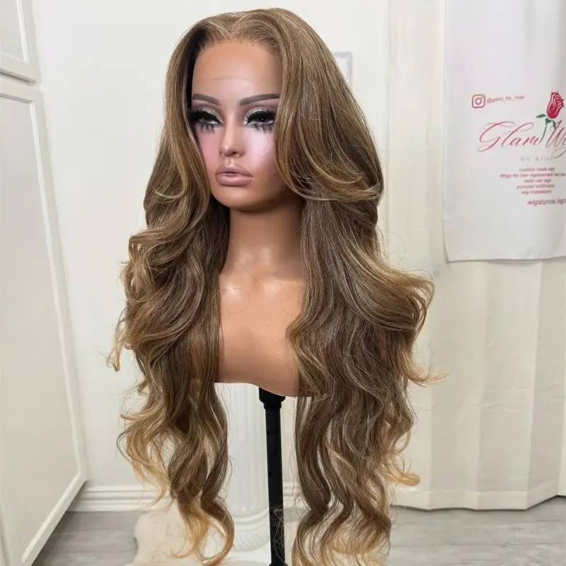 High Quality Wig Ombre Caramel Brown Highlights Synthetic Lace Front Wig Original Factory Cheap Wig Natural Preplucked Hairline