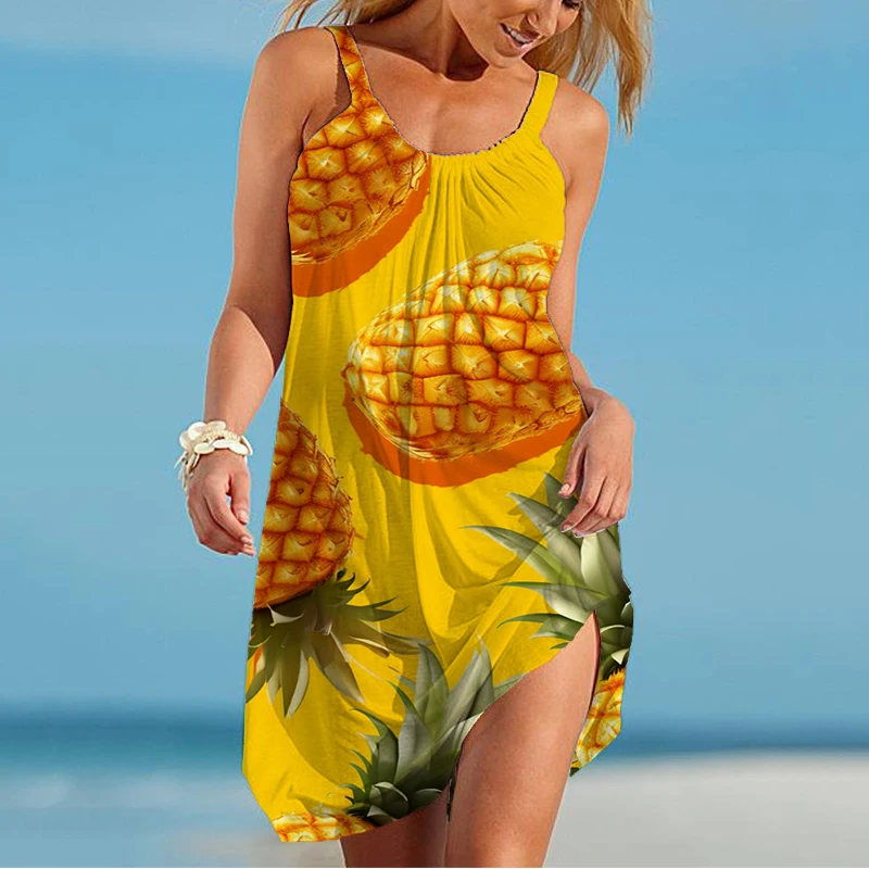 Summer new ladies suspender dress pineapple 3D printed lady camisole dress fashion trendy casual ladies suspender dress