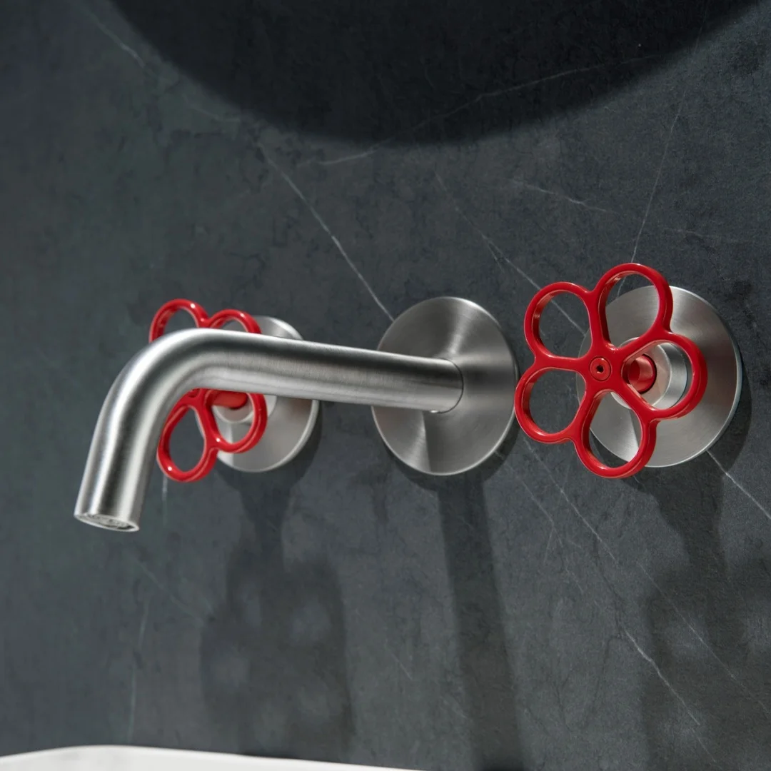In-wall Grey Bathroom Faucet Total Brass Widespread Basin Faucet Brushed Nickel Sink Faucets 3 Hole Faucet Hot & Cold