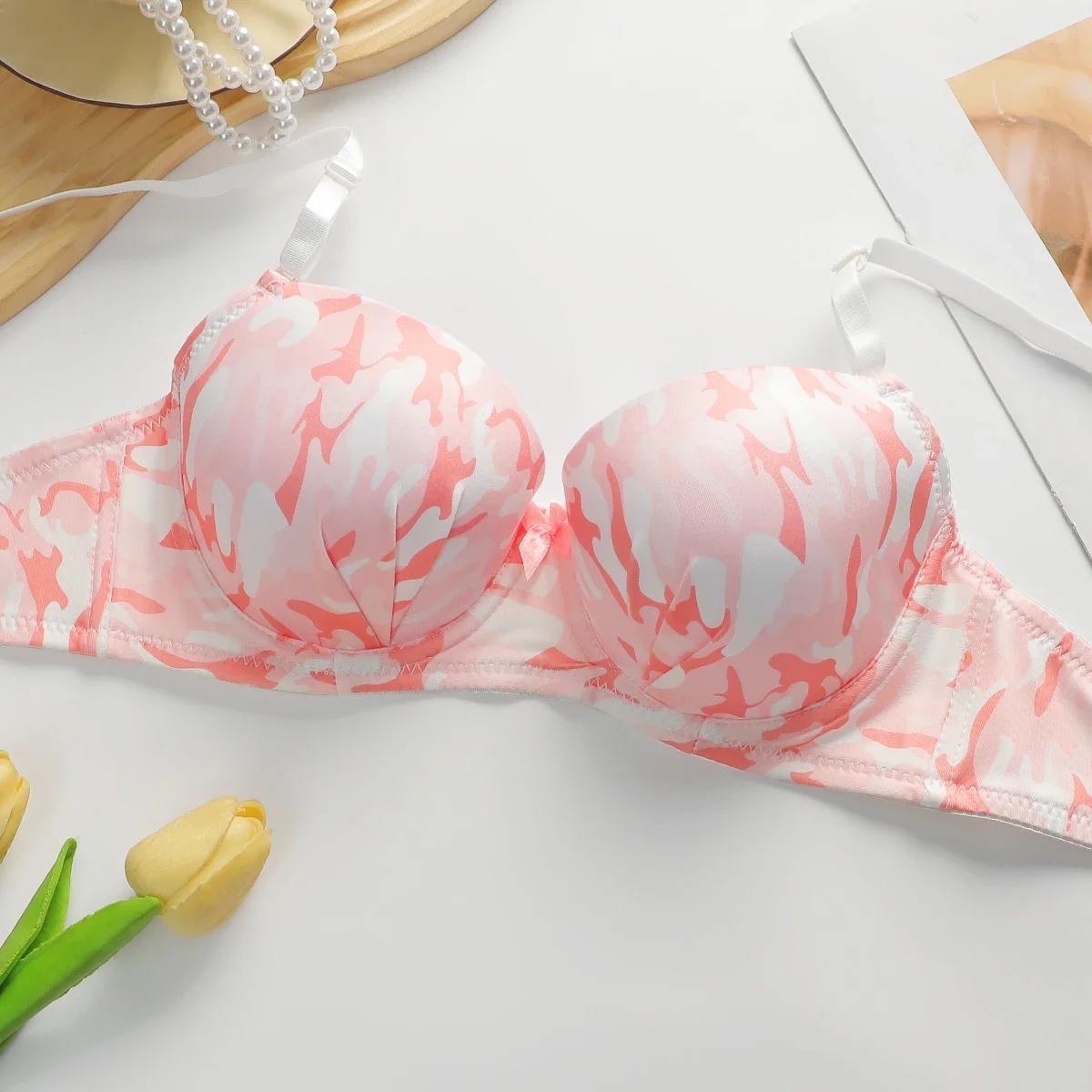 Hot Selling New Sweet Pink Camouflage Design With Steel Ring Gathering Pull And Anti Sagging Bra A2139