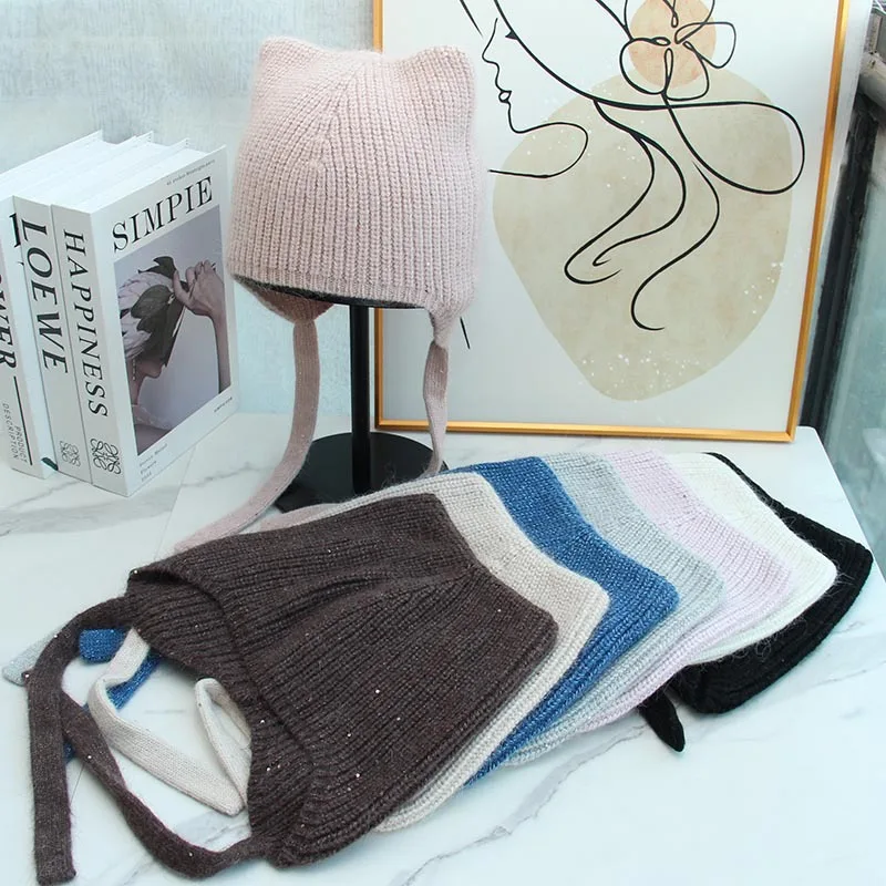 novo-knittedtop-qualidade-bonito-gato-orelha-gorros-bone-chapeu-de-inverno-para-as-mulheres-moda-pele-de-coelho-lantejoulas-balaclava-chapeu-solido-quente-skullie