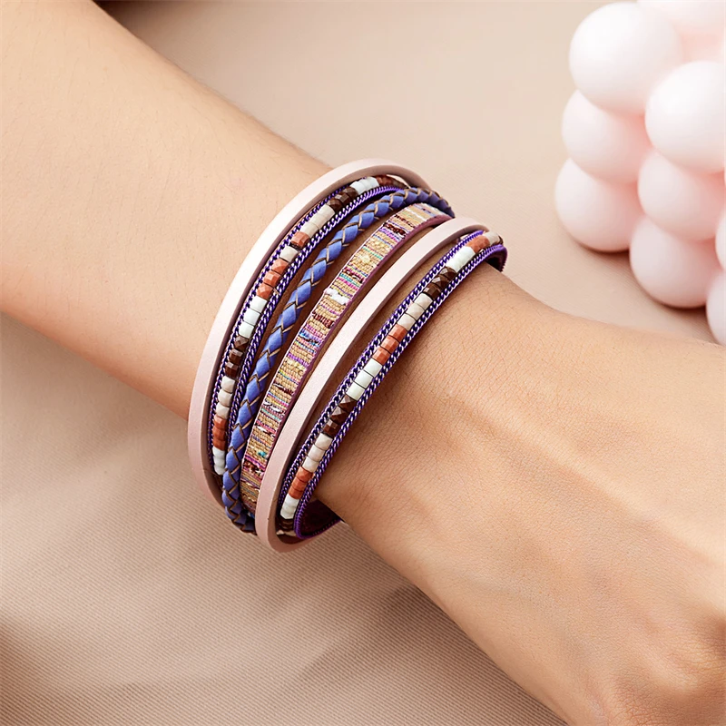 Böhmische Vintage mehr schicht ige Leder armbänder für Frauen hand gefertigte gewebte Leder breite Magnet verschluss Herren Armreif Modeschmuck – Detail 6