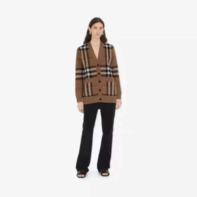 Classic Plaid Cardigan Jacket Sweater Custom Slimming Versatile Trendy Fashionable Warm Top Women\'s Long Sleeved Knitted Sweater