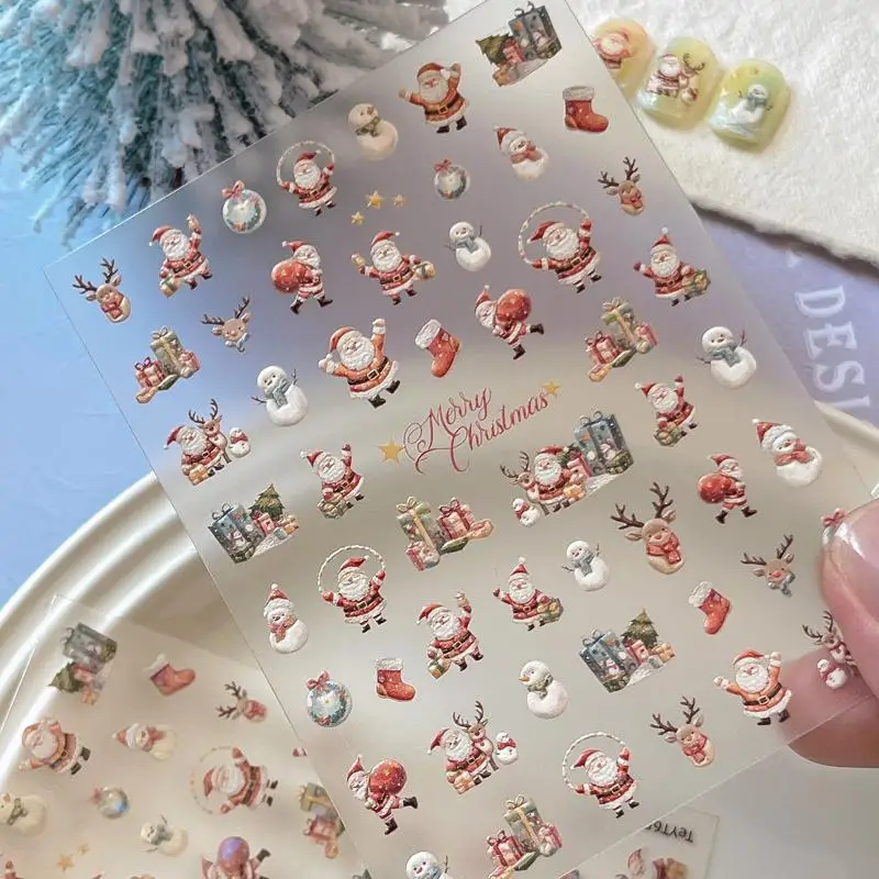 Adesivi per unghie di Natale Fiocco di neve in rilievo Albero di Natale 3D Babbo Natale Alce Pupazzo di neve Cartone animato Indossare adesivi per unghie Decorazioni per manicure