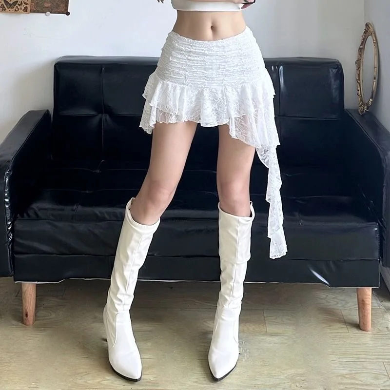 Vintage Lace Asymmetrical Skirts Sexy Mid Waist Mini Skirts Women French Fashion Streetwear Ladies Y2k Clothes