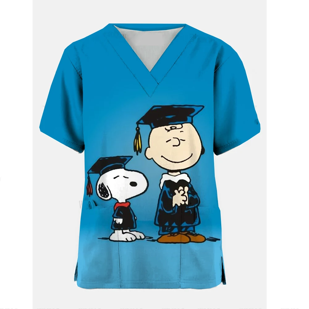 2024 Scrub Tops For Women Short Sleeve Snoopy Spa Uniform Medical Uniforms Beauty Pet Shop Nurse Uniform V Neck Tunic Pockets