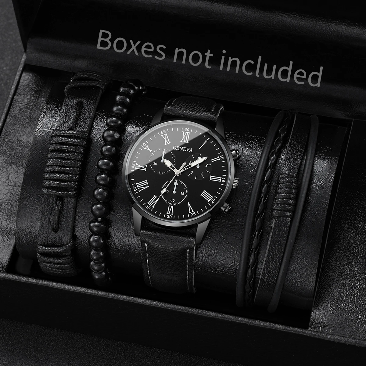 Fashion Men 4‑in‑1 Jewelry Watch Set Black PU Leather Quartz Wristwatch Multi‑style Bracelets Male Daily Gift