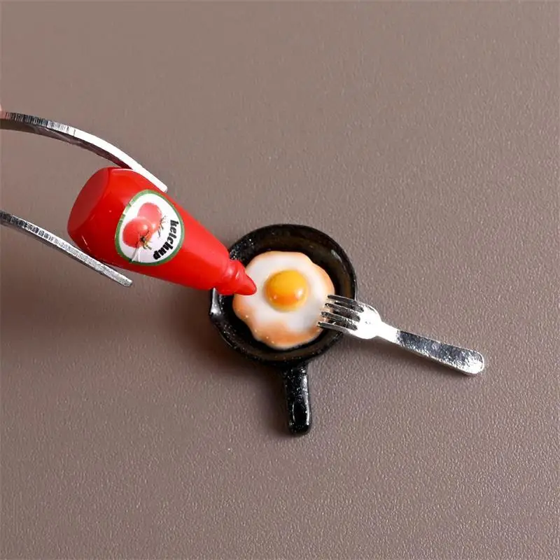5 jogos/saco simulação casa de bonecas pan omelete garfo molho tomate modelos em miniatura diy para cozinha jantar talheres crianças brinquedo decoração