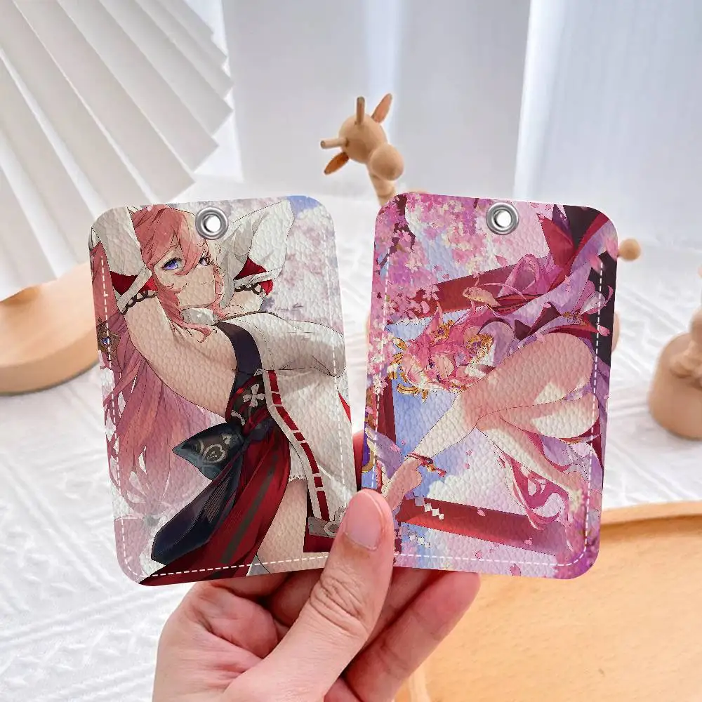 Anime Genshin Impact Yae Miko 1Pc Access Card Case Leather Card Holder Keychain Key Ring Door Access Tags ID Card Case Keychain