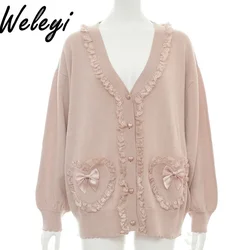 Japanese Sweet Jirai Kei Style Knitted Small Cardigan 2024 Autumn Cute Pink Love Bow Lace Splicing Sweater Cardigan Top Feminino