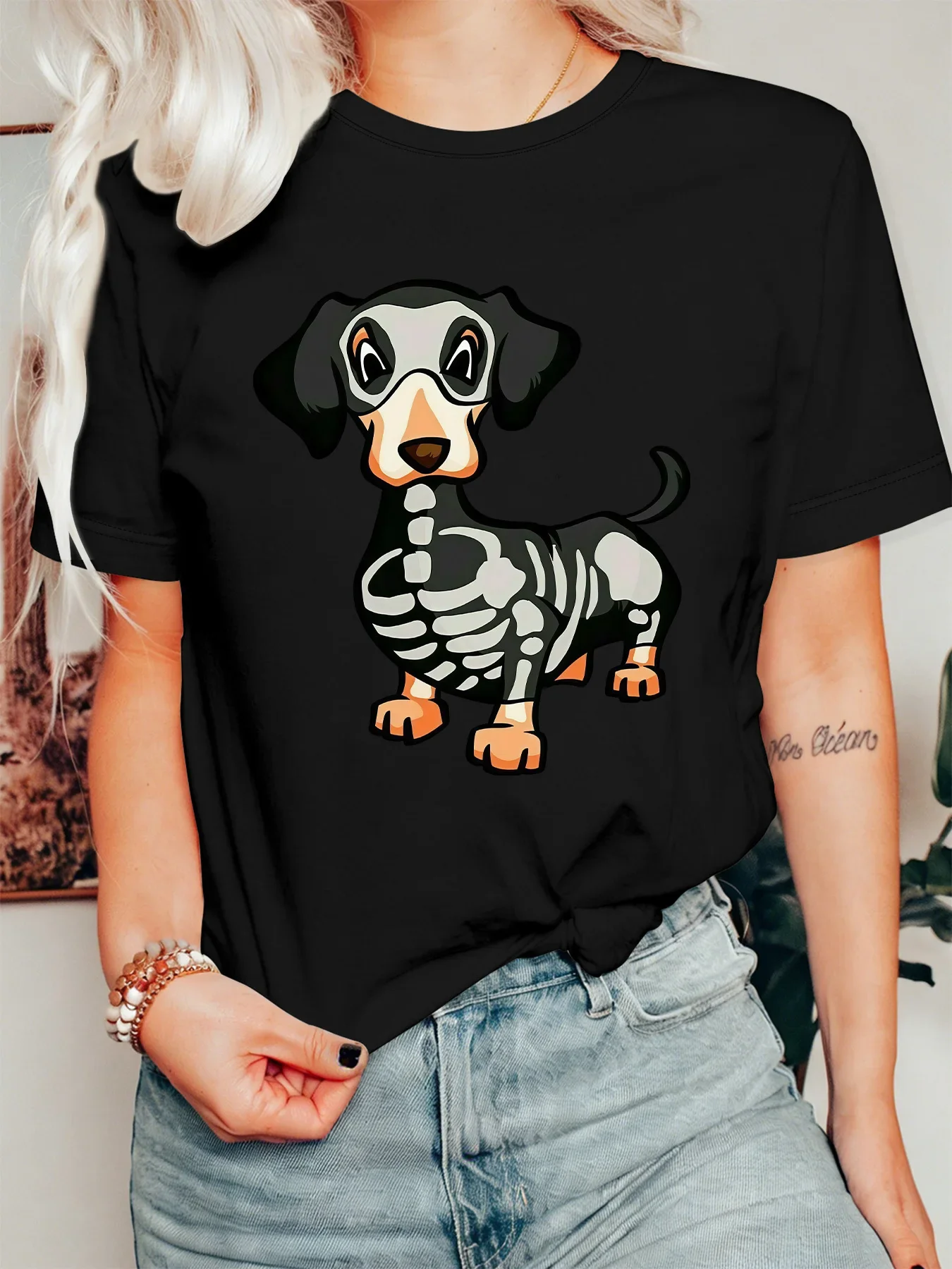 Halloween Dachshund Womens T Shirt Skeleton Puppy Spooky Ghost Dog Graphic Print Short Sleeve O Neck Casual Fall Party Tops