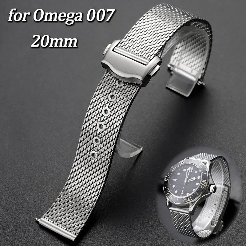 20mm Stainless Steel Mesh Watch Band Replacement for Omega Seamaster 007 James Bond Breathable Mesh Milanese Luxury Wristwatch