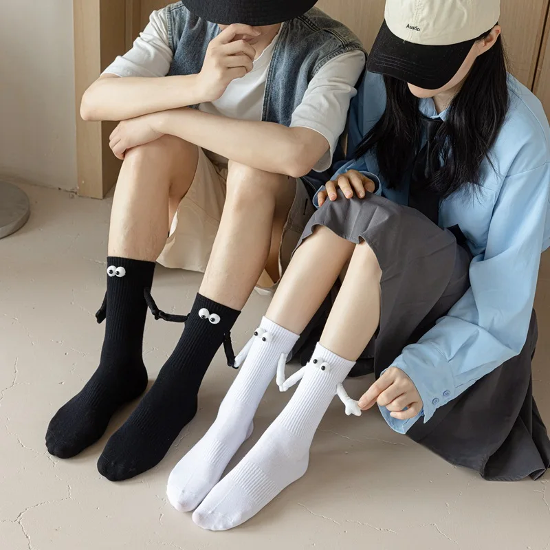 Magnetic Couple Socks Cartoon Couples Stockings Creative Big Eyes Socks with Hand Ins Style Long Socks Clothes Accessories