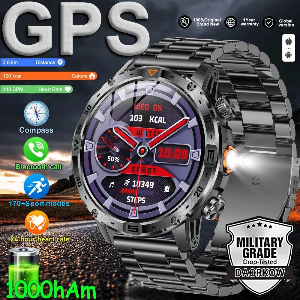 

DAORKOW Military outdoor sturdy smartwatch LED flashlight 1000 mAh battery standby for 100 days 1.7inch AMOLED display GPS track
