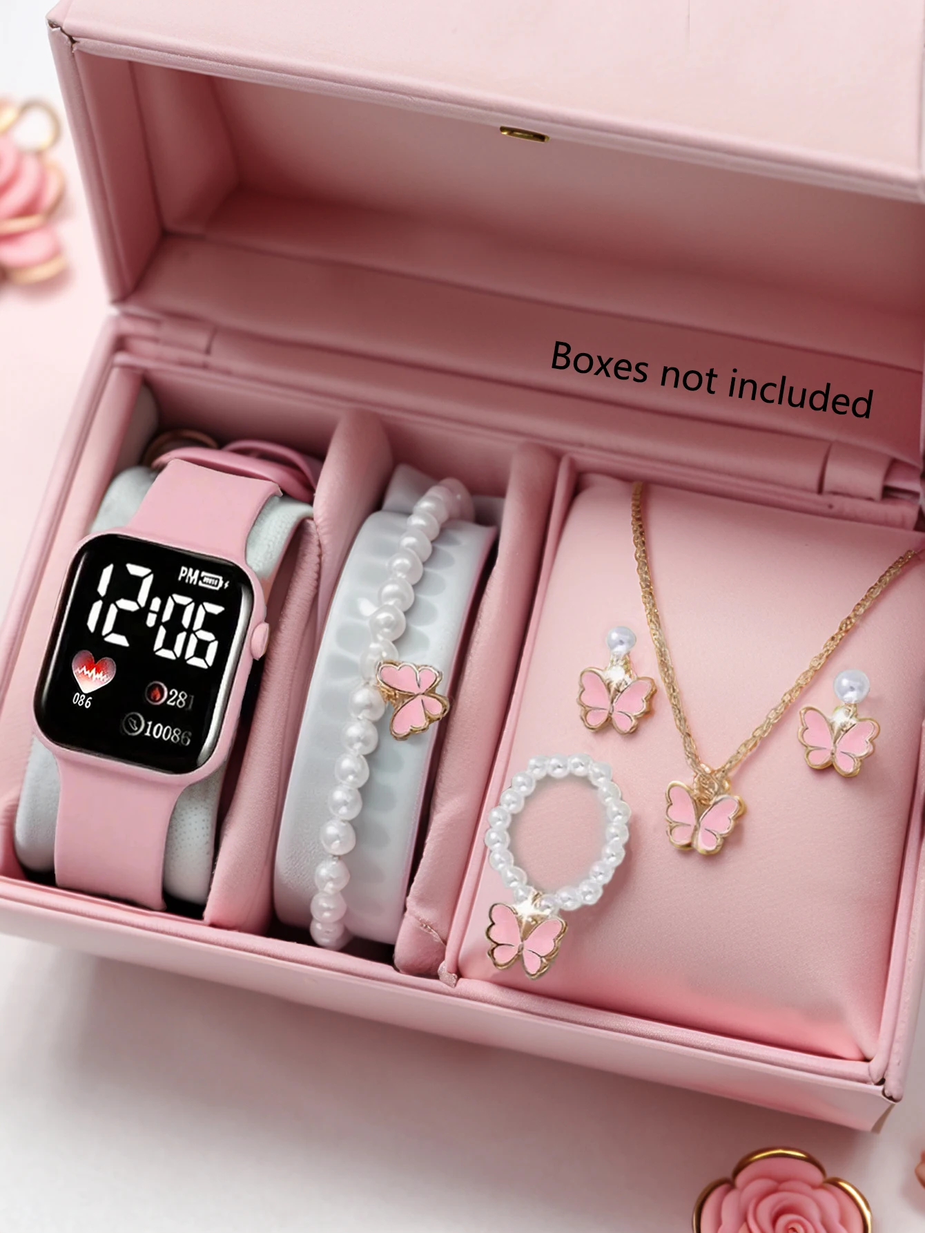Love Pattern Electronic Watch And Butterfly Accessories Set Birthday Gift (No Box Included)