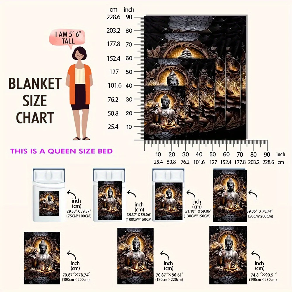 1pc Buddha-Themed Fleece Blanket - Large Plush 100% Polyester, Digital Print Zen Meditation Design with Lotus Flowers & Golden